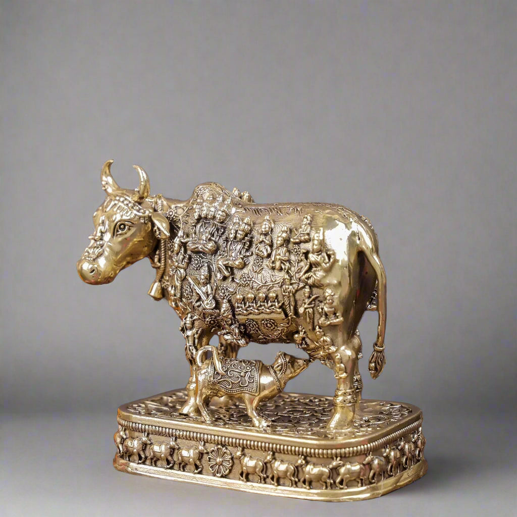 4" Brass Kamadhenu Cow with Engraved God and Goddess for home/ office